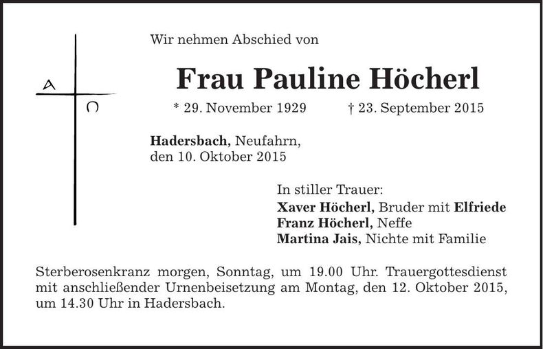 Traueranzeige Pauline Höcherl