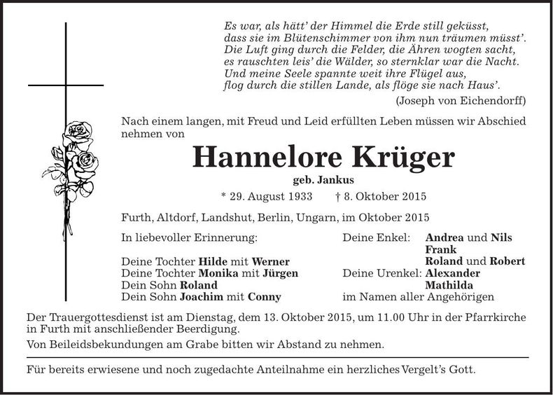Traueranzeige Hannelore Krüger