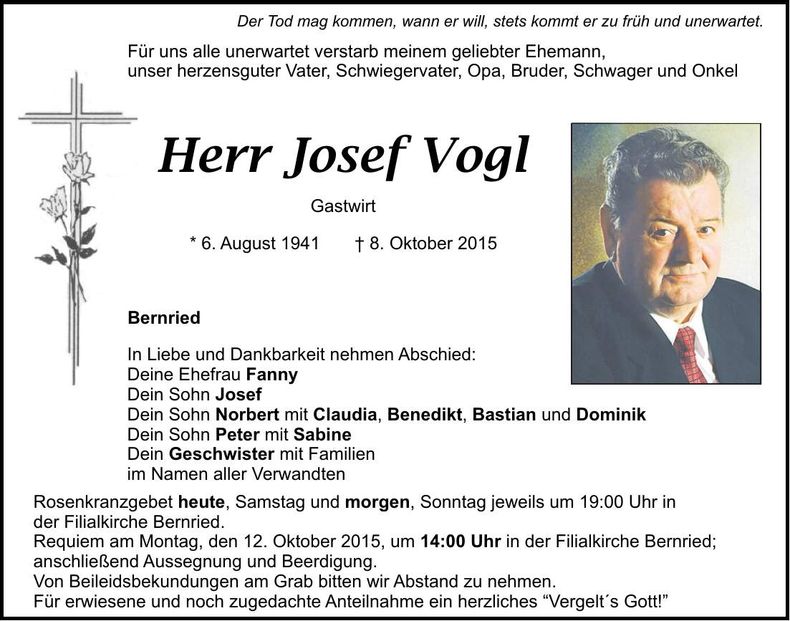 Traueranzeige Josef Vogl