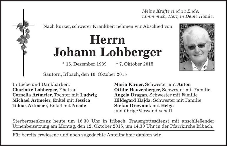 Traueranzeige Johann Lohberger