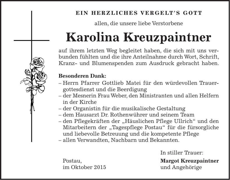 Traueranzeige Karolina Kreuzpaintner