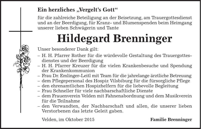 Traueranzeige Hildegard Brenninger