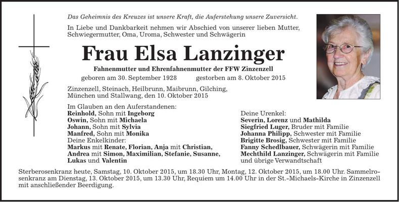 Traueranzeige Elsa Lanzinger