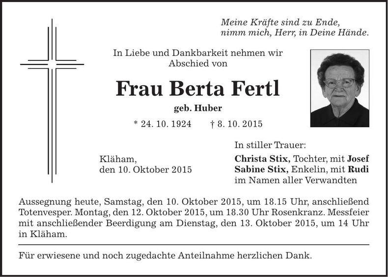 Traueranzeige Berta Fertl