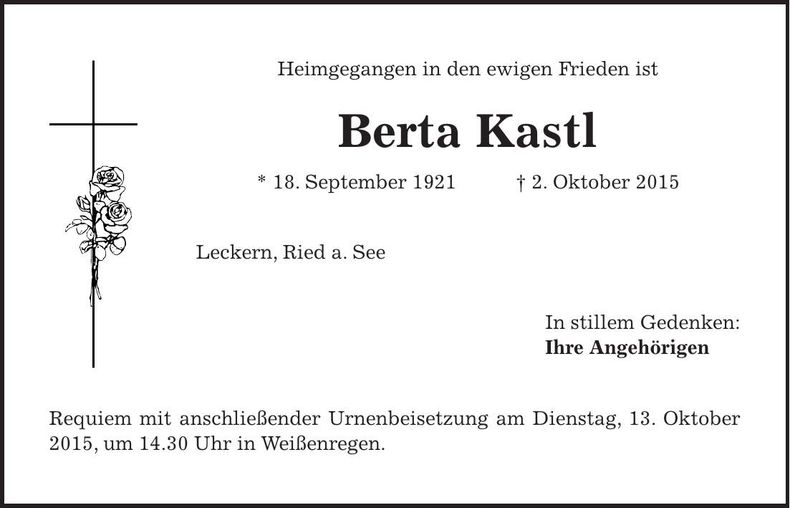 Traueranzeige Berta Kastl