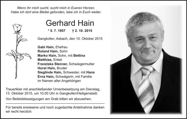 Traueranzeige Gerhard Hain