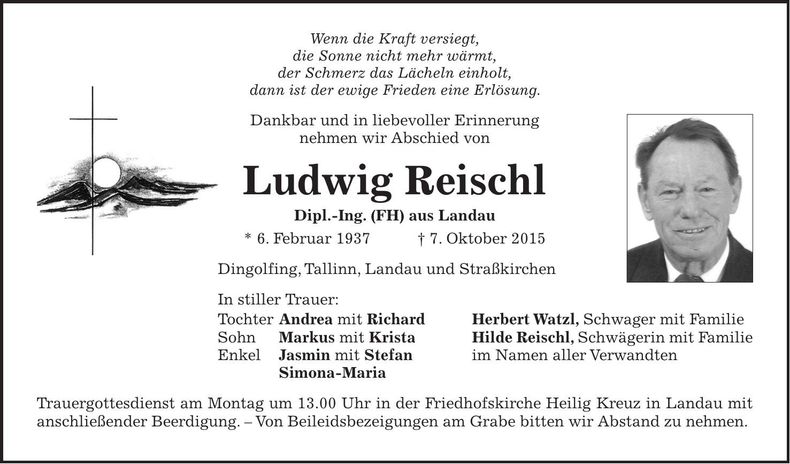 Traueranzeige Ludwig Reischl
