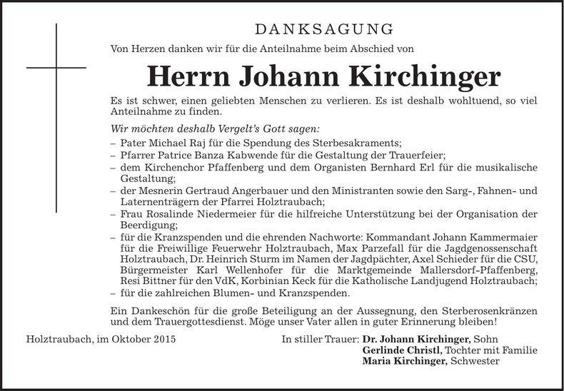 Traueranzeige Johann Kirchinger