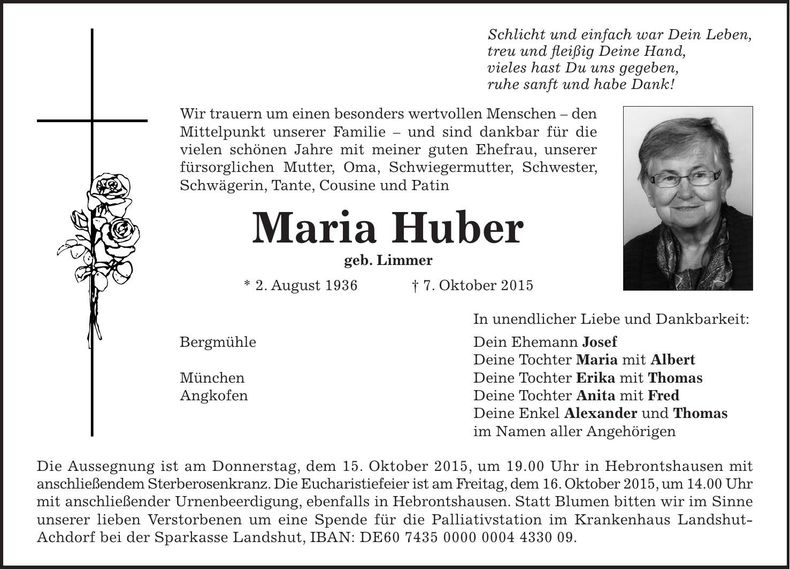 Traueranzeige Maria Huber