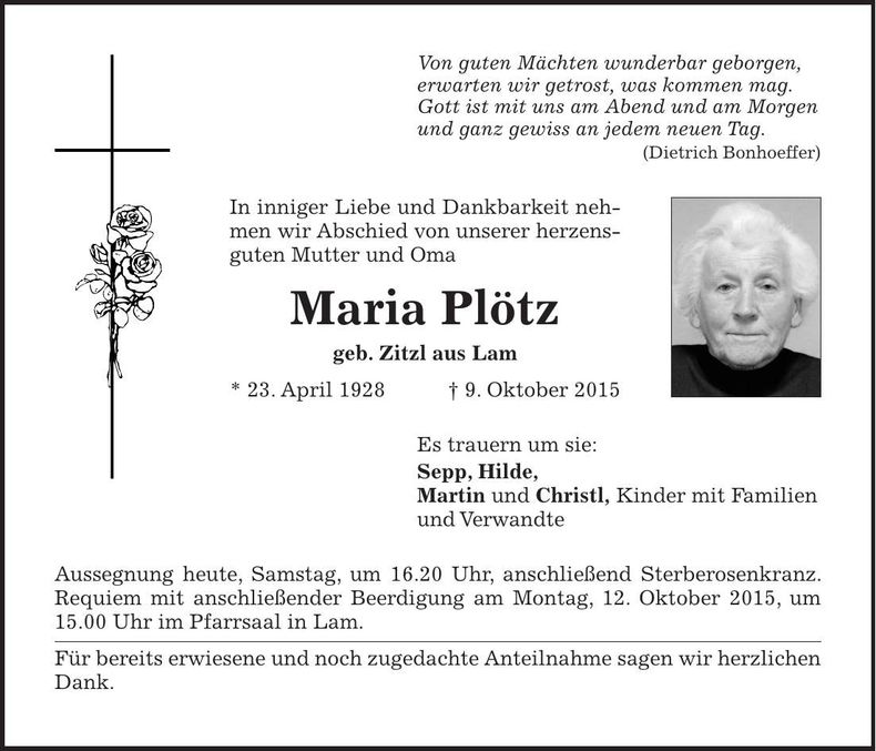 Traueranzeige Maria Plötz