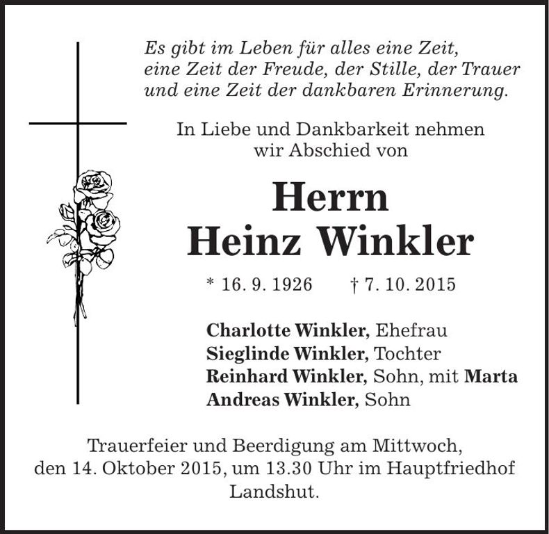 Traueranzeige Heinz Winkler