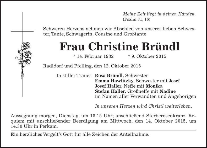 Traueranzeige Christine Bründl