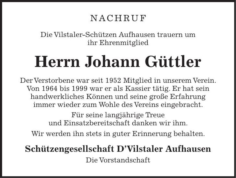 Traueranzeige Johann Güttler