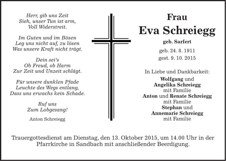 Traueranzeige Eva Schreiegg