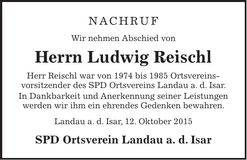 Traueranzeige Ludwig Reischl
