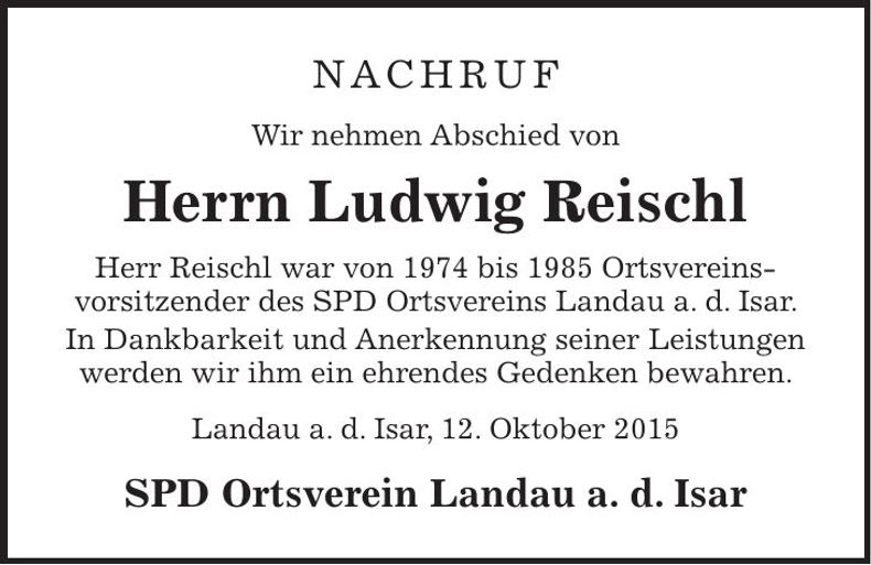 Traueranzeige Ludwig Reischl