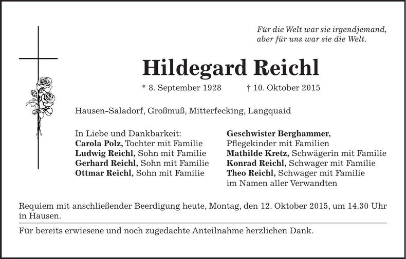 Traueranzeige Hildegard Reichl