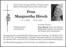 Traueranzeige Margaretha Hirsch