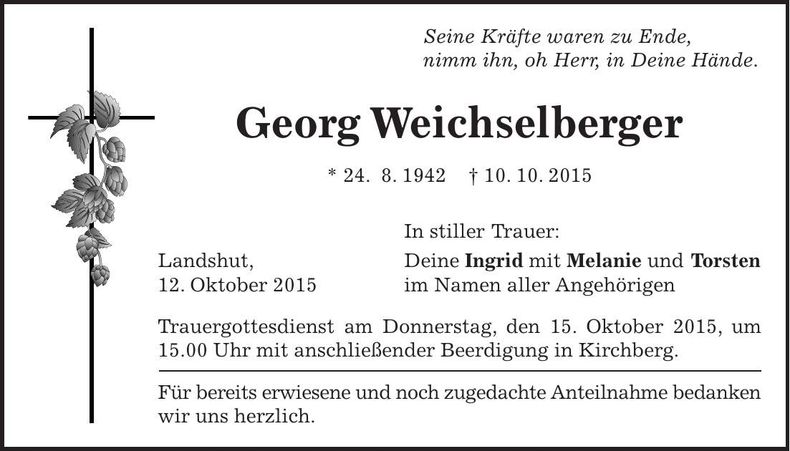Traueranzeige Georg Weichselberger