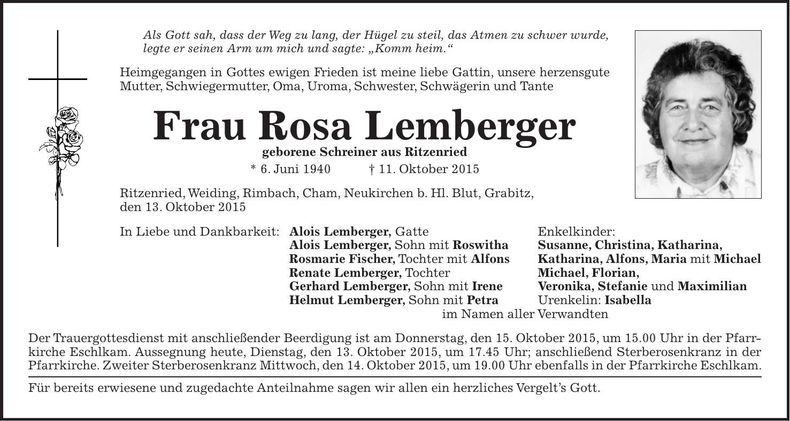 Traueranzeige Rosa Lemberger