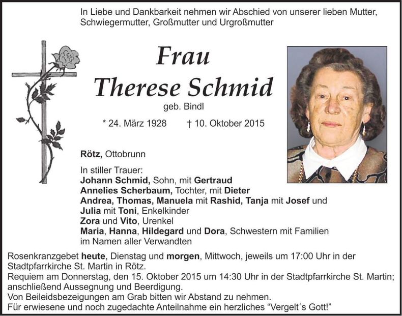 Traueranzeige Therese Schmid