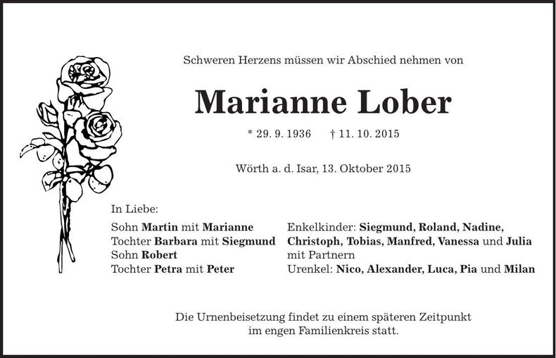 Traueranzeige Marianne Lober