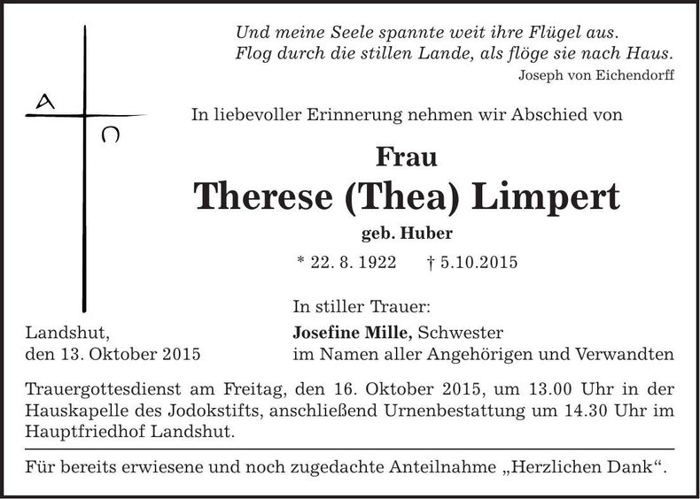 Traueranzeige Therese Limpert