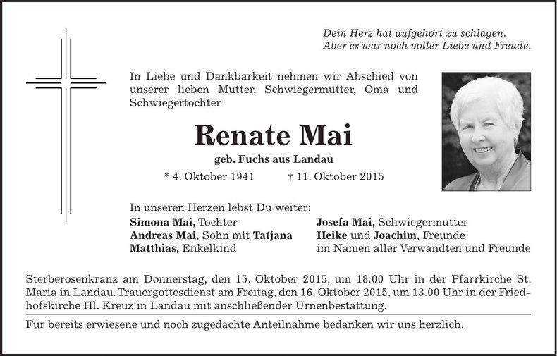 Traueranzeige Renate Mai