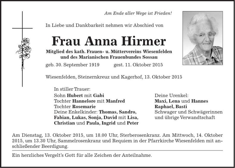 Traueranzeige Anna Hirmer