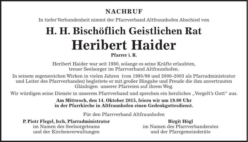 Traueranzeige Heribert Haider