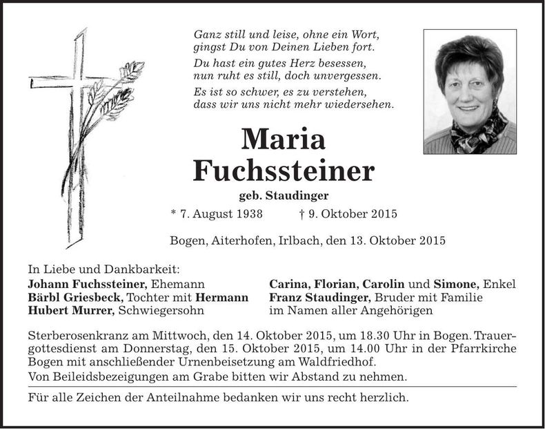Traueranzeige Maria Fuchssteiner