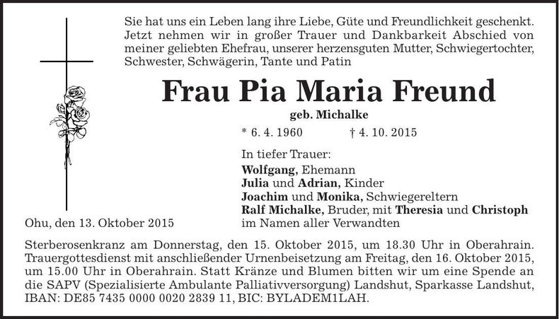 Traueranzeige Pia Maria Freund