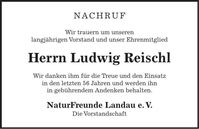 Traueranzeige Ludwig Reischl