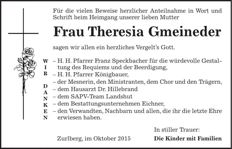 Traueranzeige Theresia Gmeineder
