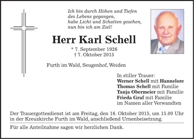 Traueranzeige Karl Schell