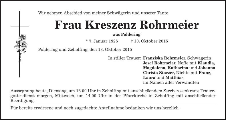 Traueranzeige Kreszenz Rohrmeier