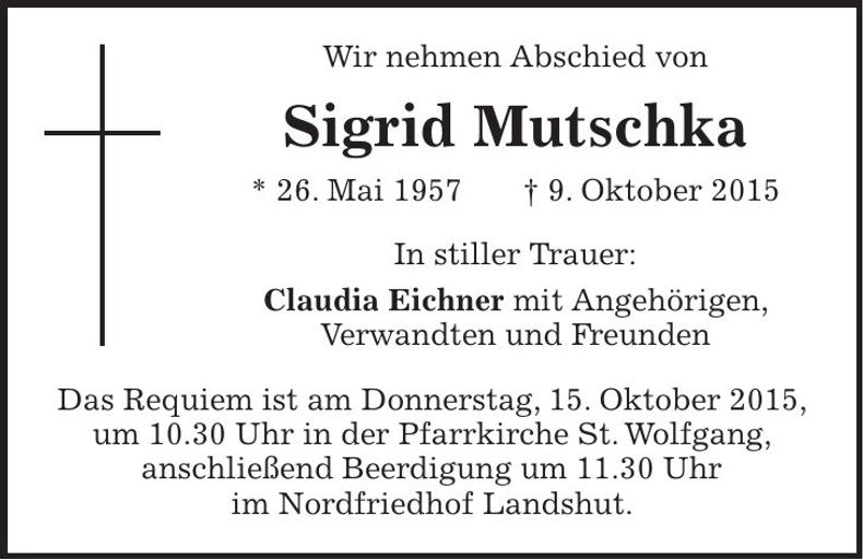 Traueranzeige Sigrid Mutschka