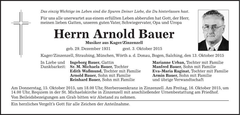 Traueranzeige Arnold Bauer