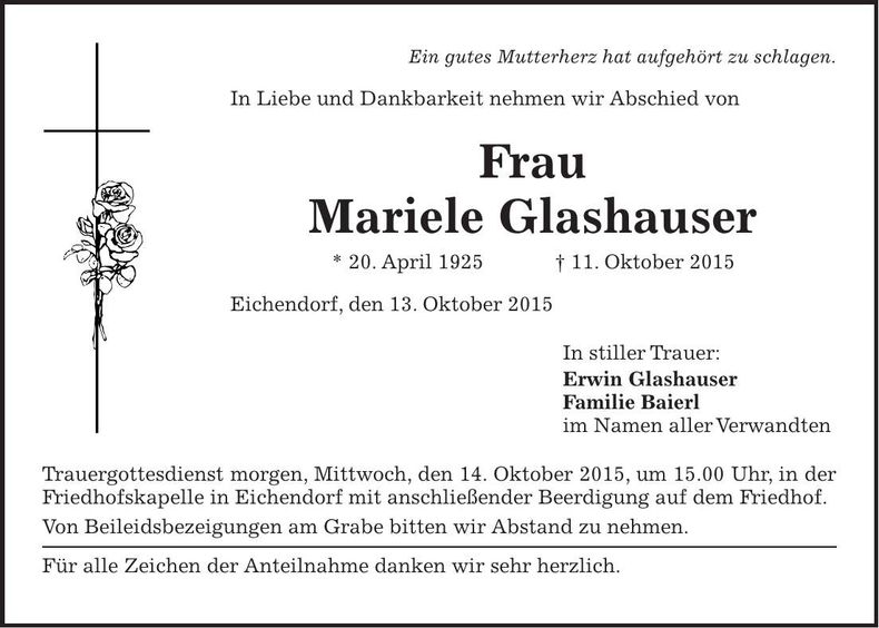 Traueranzeige Mariele Glashauser
