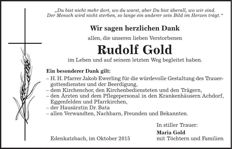 Traueranzeige Rudolf Gold