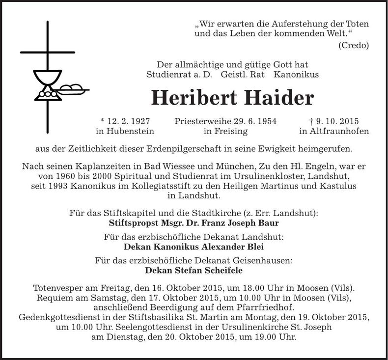 Traueranzeige Heribert Haider