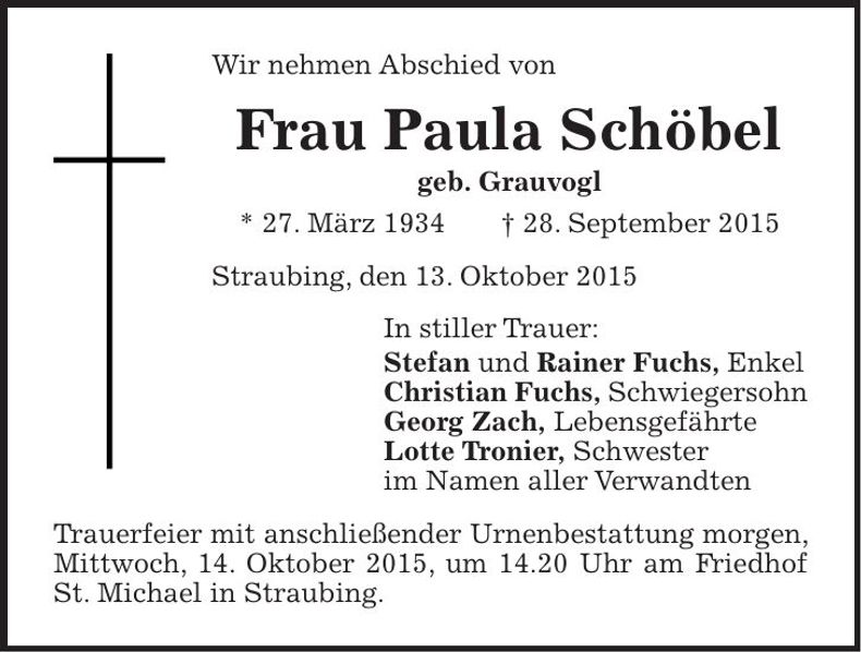 Traueranzeige Paula Schöbel