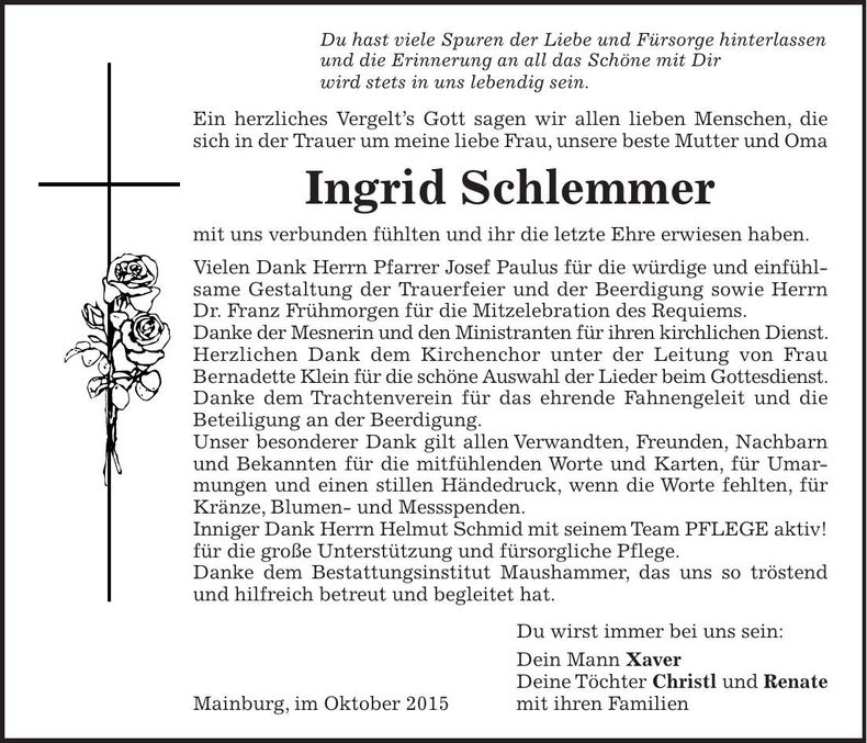 Traueranzeige Ingrid Schlemmer
