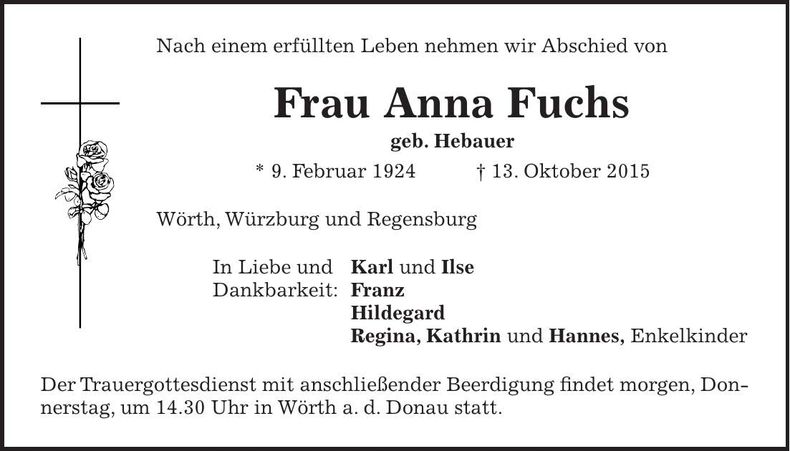 Traueranzeige Anna Fuchs