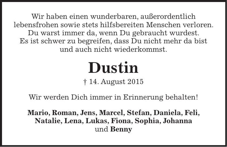 Traueranzeige Dustin Zschiegner