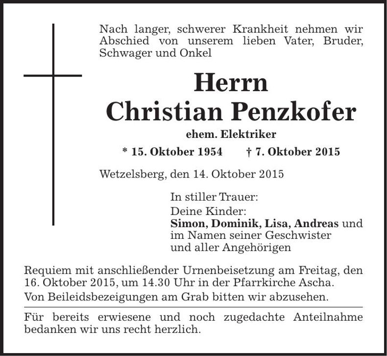 Traueranzeige Christian Penzkofer