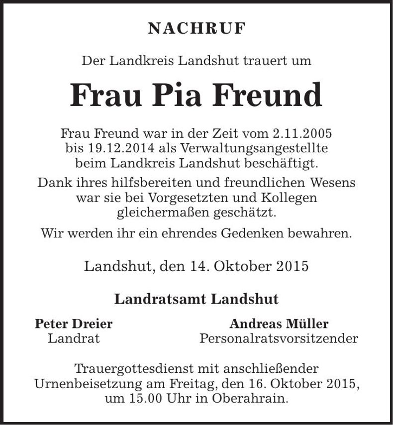 Traueranzeige Pia Freund