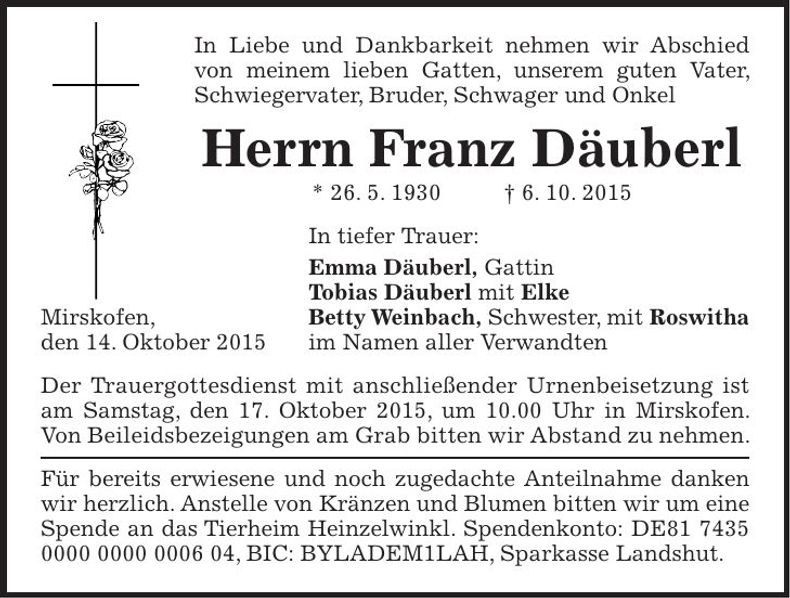 Traueranzeige Franz Däuberl
