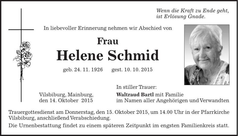 Traueranzeige Helene Schmid