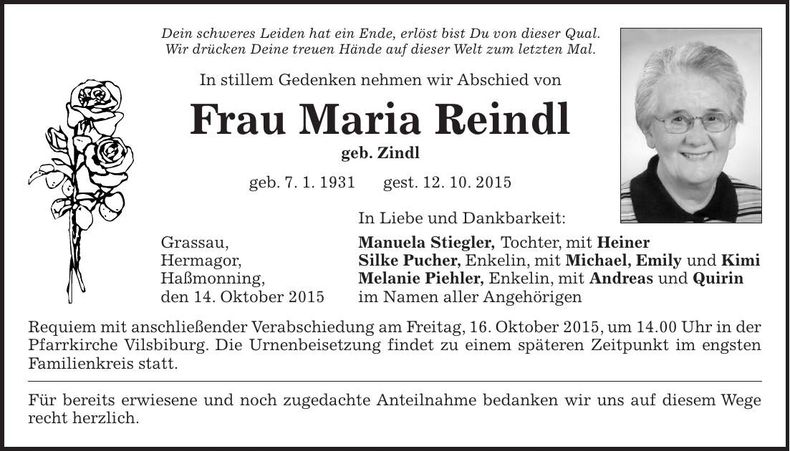 Traueranzeige Maria Reindl